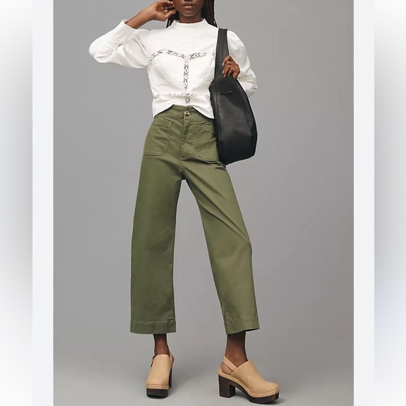 Maeve Pants - Maeve The Colette Wide Leg Cropped Olive Green Stretch Pants-30/М